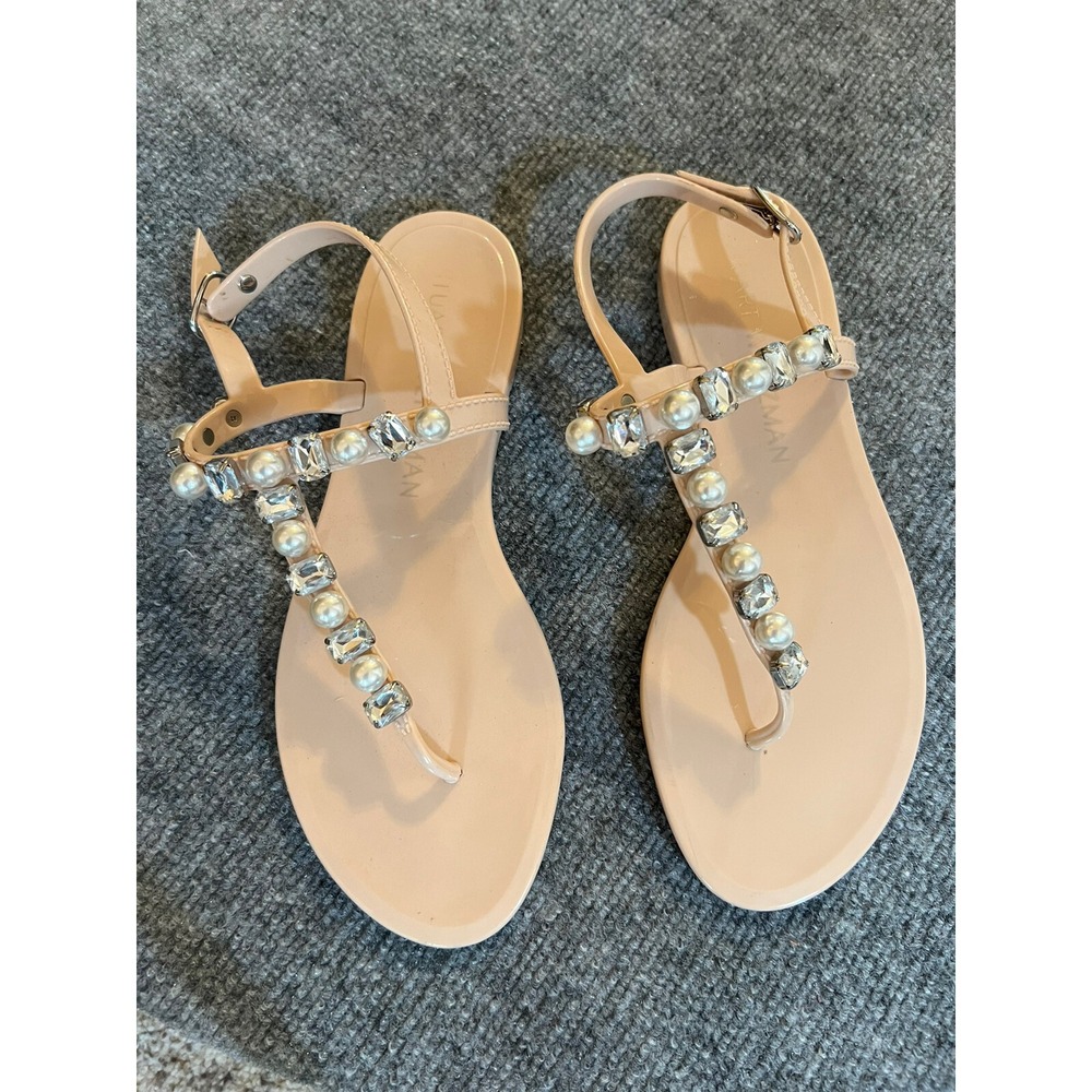 Stuart Weitzman Womens Goldie Jelly T-Strap Sandals Beige Slingback Beaded Sz8